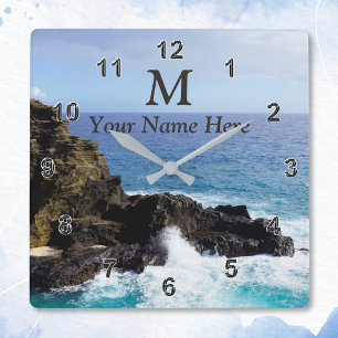 Monogram Hawaiian Ocean Clock Jouw naam, Foto Vierkante Klok