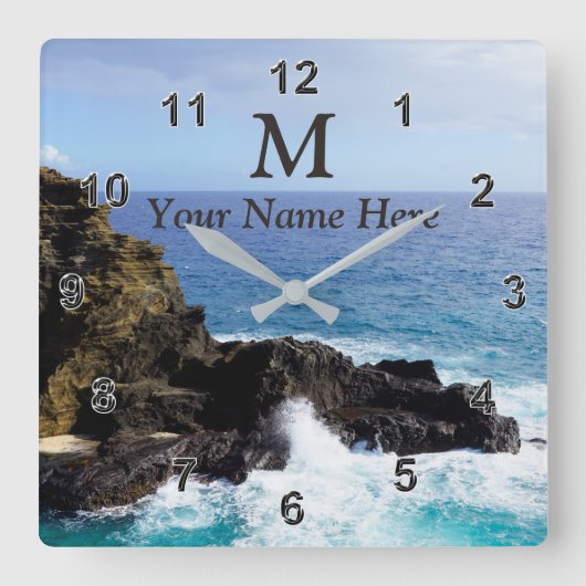 Monogram Hawaiian Ocean Clock Jouw naam, Foto Vierkante Klok (Voorkant)