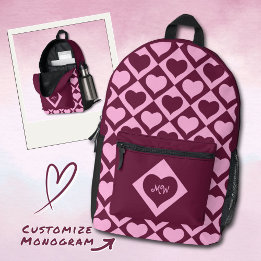 Monogram Heart Checkerboard Patroon Bordeaux Roze Bedrukte Rugzak