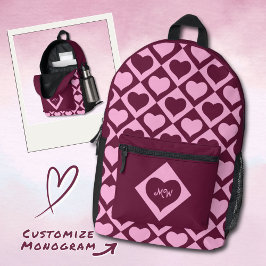 Monogram Heart Checkerboard Patroon Bordeaux Roze  Bedrukte Rugzak