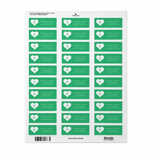 Monogram Heart Green Return-adres Etiket (Full Sheet)