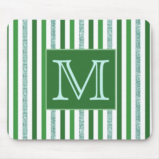 Monogram hedendaagse groene zilver Glitter Stripes Muismat (Voorkant)