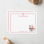 Monogram Heet Cacao Rode Rand Kerst Stationery Notitiekaartje (Voorkant / Achterkant in situ)