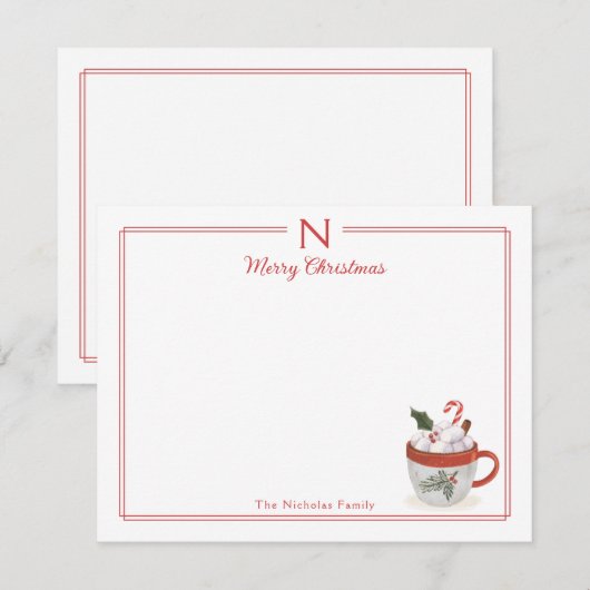 Monogram Heet Cacao Rode Rand Kerst Stationery Notitiekaartje (Voorkant / Achterkant)