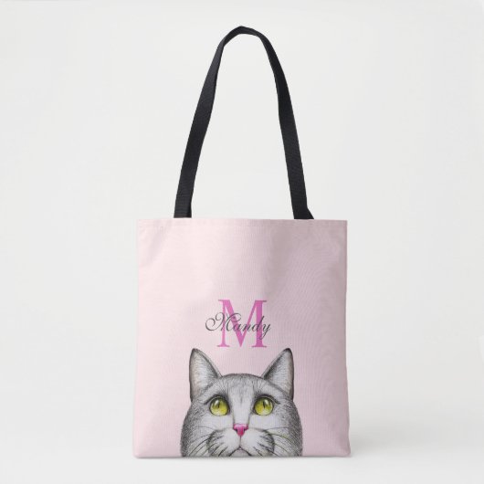 Monogram heet roze en grijs op roze kattengezicht tote bag (Voorkant)