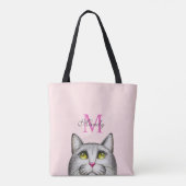 Monogram heet roze en grijs op roze kattengezicht tote bag (Achterkant)