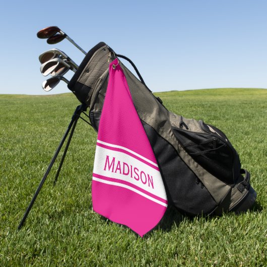 Monogram heet Roze Witte Stripe Naam Modern Golfhanddoek (Groen)