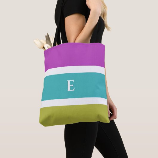Monogram Helder Gestreept Roze Blauw Groen Patroon Tote Bag (Dichtbij)