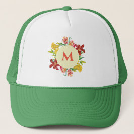 Monogram helder lentebloemen krans illustratie trucker pet