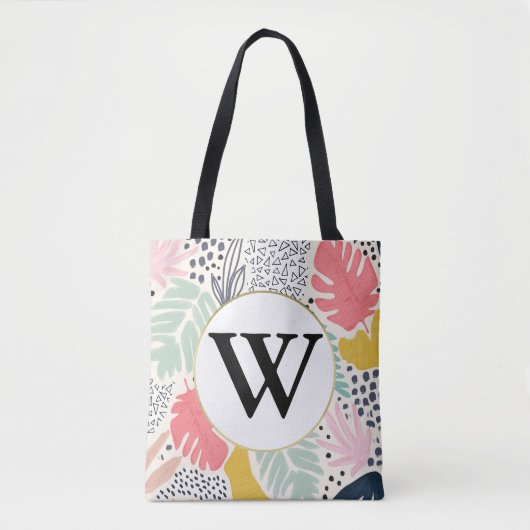 Monogram Helder Zomer Tropisch Collage Patroon Tote Bag (Voorkant)