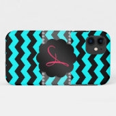 Monogram heldere aqua en zwarte chevrons Case-Mate iPhone case (Achterkant (horizontaal))