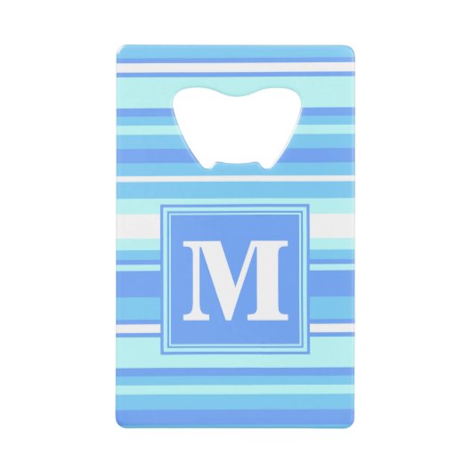 Monogram hemelblauwe strepen creditkaart flessenopener (Voorkant)