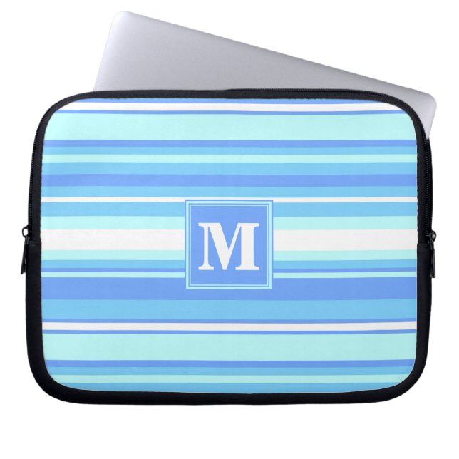 Monogram hemelblauwe strepen laptop sleeve (Voorkant)