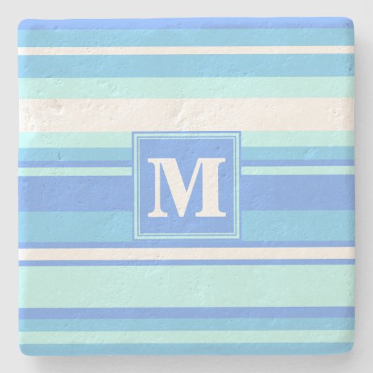 Monogram hemelblauwe strepen stenen onderzetter (Voorkant)
