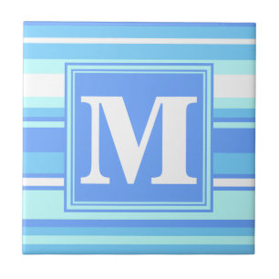 Monogram hemelblauwe strepen tegeltje