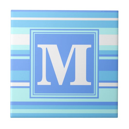 Monogram hemelblauwe strepen tegeltje (Voorkant)