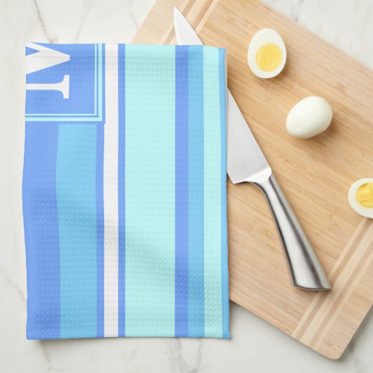 Monogram hemelblauwe strepen theedoek (Quarter Fold)