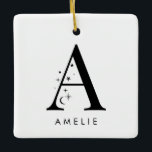 Monogram hemelnaam vierkant keramisch ornament<br><div class="desc">Voeg een vleugje hemelse magie toe aan uw vakantiedecor met dit prachtige monogram kerstornament! Met een letter versierd met kleine sterretjes en manen eromheen en je naamkeuze eronder, is dit gepersonaliseerde ornament de perfecte aandenken voor het seizoen. Het past comfortabel tot 10 tekens voor de naam onder de letter. Of...</div>