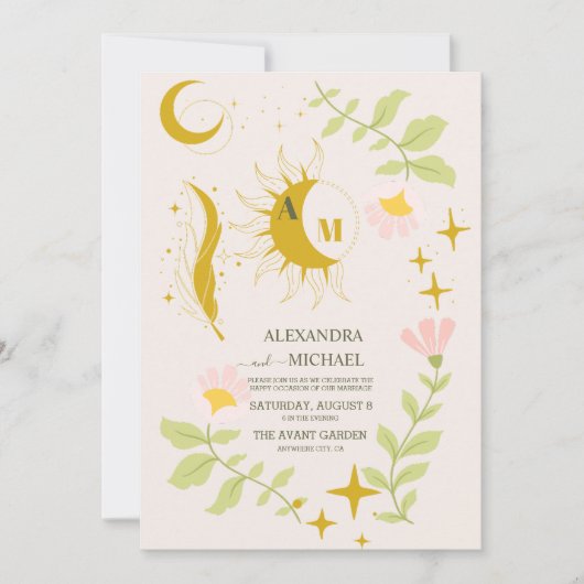 Monogram  hemelse botanische bruiloft kaart (Voorkant)