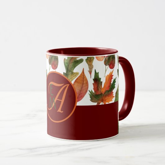 Monogram Herenfallende Bladeren Burgundy Herfstdec Mok (Voorkant rechts)