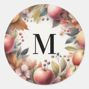 Monogram herfst appels in pastelkleuren aquarel  ronde sticker