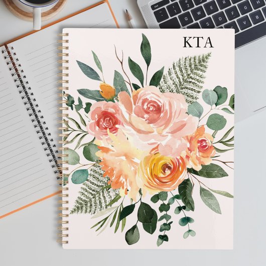 Monogram Herfst Aquarel Rustieke Roze Perzik Bloem Planner