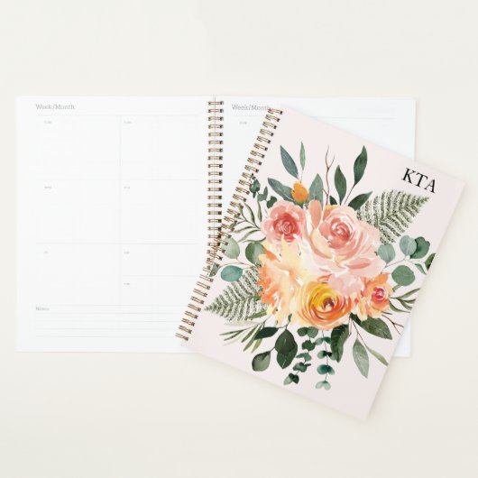 Monogram Herfst Aquarel Rustieke Roze Perzik Bloem Planner (Display)