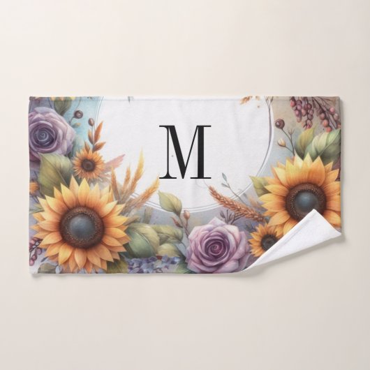 Monogram Herfst bloemen en zonnebloemen waterverf Bad Handdoek (Handdoek)