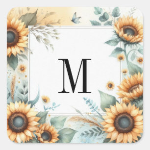 Monogram Herfst bloemen en zonnebloemen waterverf Vierkante Sticker