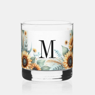 Monogram Herfst bloemen en zonnebloemen waterverf Whisky Glas
