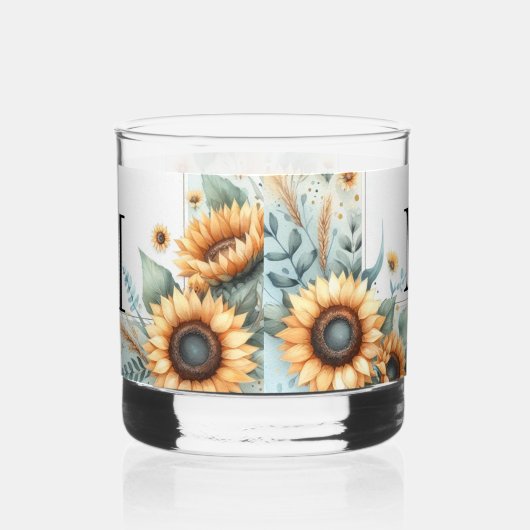 Monogram Herfst bloemen en zonnebloemen waterverf Whisky Glas (Links)