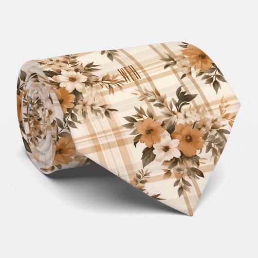 Monogram herfst-bloemen geruit patroon stropdas (Opgerold)