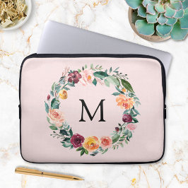 Monogram Herfst Bloemrozen Bloemenkrans  Laptop Sleeve