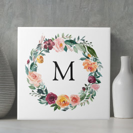 Monogram Herfst Bloemrozen Bloemenkrans  Tegeltje