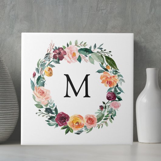 Monogram Herfst Bloemrozen Bloemenkrans Tegeltje