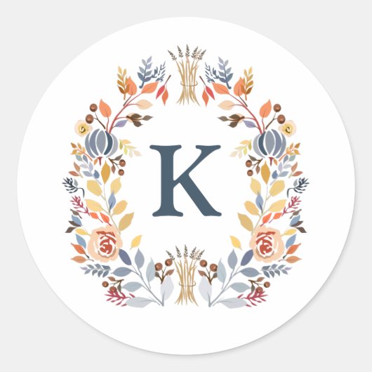 Monogram Herfst Geel, Oranje Blauw Floral Ronde Sticker (Voorkant)