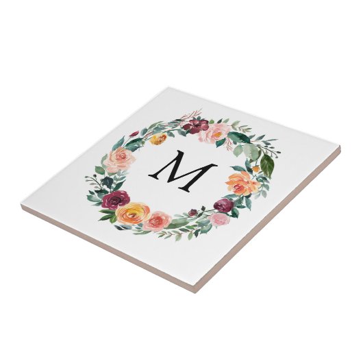 Monogram Herfst Herfst Roos Bloemenkrans Tegeltje (Zijkant)