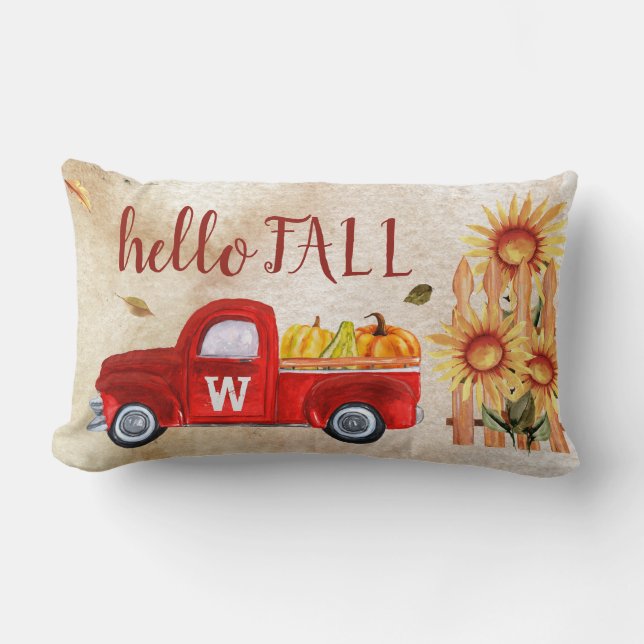 Monogram Herfst is hier Red Truck Pumpkin Sunflowe Kussen (Voorkant)
