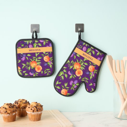 Monogram Herfst Peache Plum Paarse Groen Schattige Ovenwant & Pannenlap Set (Insitu(Ophanging))