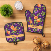 Monogram Herfst Peache Plum Paarse Groen Schattige Ovenwant & Pannenlap Set (Top down)
