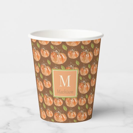 Monogram Herfst pompoenpatroon Papieren Bekers (Voorkant)