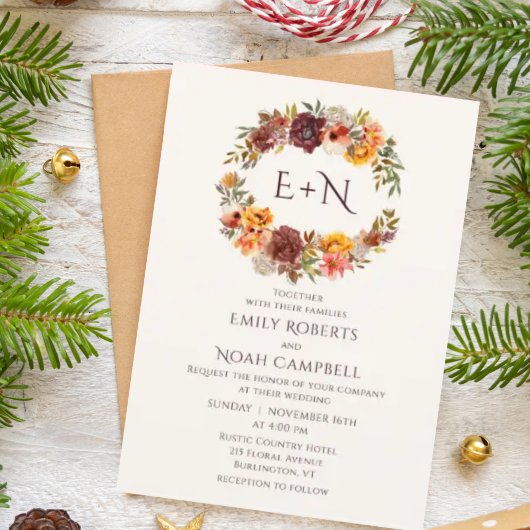 Monogram herfst Rustic Plum Sinaasappel Floral Wed Kaart