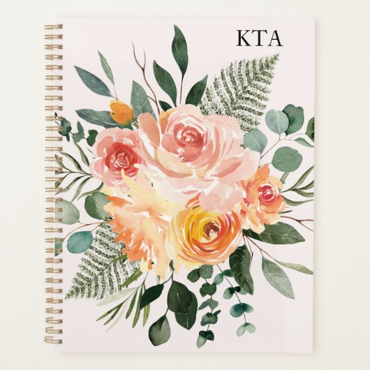 Monogram Herfst Waterverf Rustieke Roze Perzik Blo Planner (Voorkant)