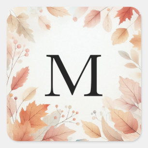 Monogram herfstbladeren aquarel pastel kleur vierkante sticker