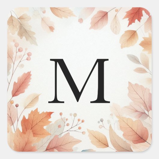 Monogram herfstbladeren aquarel pastel kleur vierkante sticker (Voorkant)