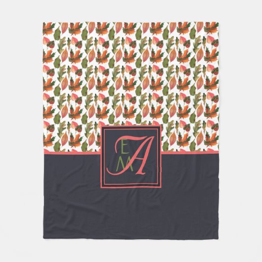 Monogram herfstbladeren blauw oranje herfst decor fleece deken (Voorkant)