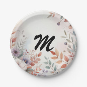 Monogram Herfstbladeren en bloemen aquarel  Papieren Bordje