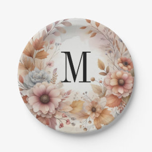 Monogram herfstbladeren en bloemen aquarel  papieren bordje