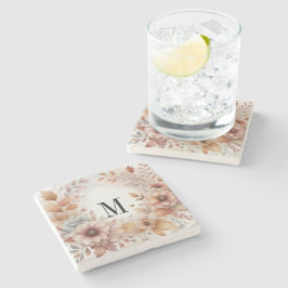 Monogram Herfstbladeren en bloemen aquarel Stenen Onderzetter