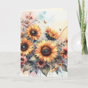 Monogram herfstbloemen en zonnebloemen aquarel kaart